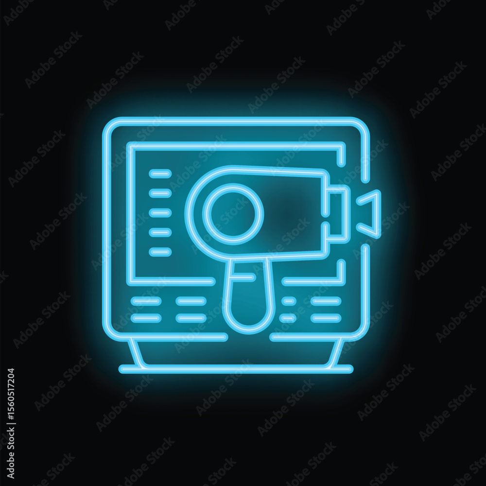 Poster blue neon icon of a video camera displayed on a computer screen representing online broadcasting