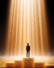 A silhouette of a person standing on golden coins, illuminated by a beam of light. This image symbolizes wealth, success, and the journey towards financial achievement.