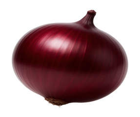 Red onion bulb with smooth, glossy maroon outer skin and a rounded shape