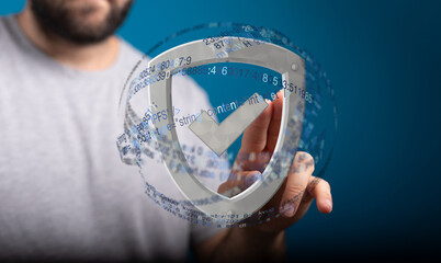 Man interacts with a digital shield, representing data security and protection.