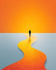 A solitary figure walks along a winding path, leading into a vibrant sunset
