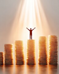 A small figurine stands triumphantly on a stack of coins, symbolizing success and wealth