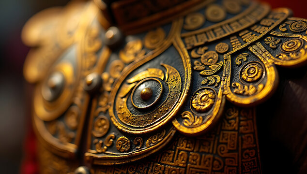 A striking up-close view of a battered gold chest badge from a matam parade