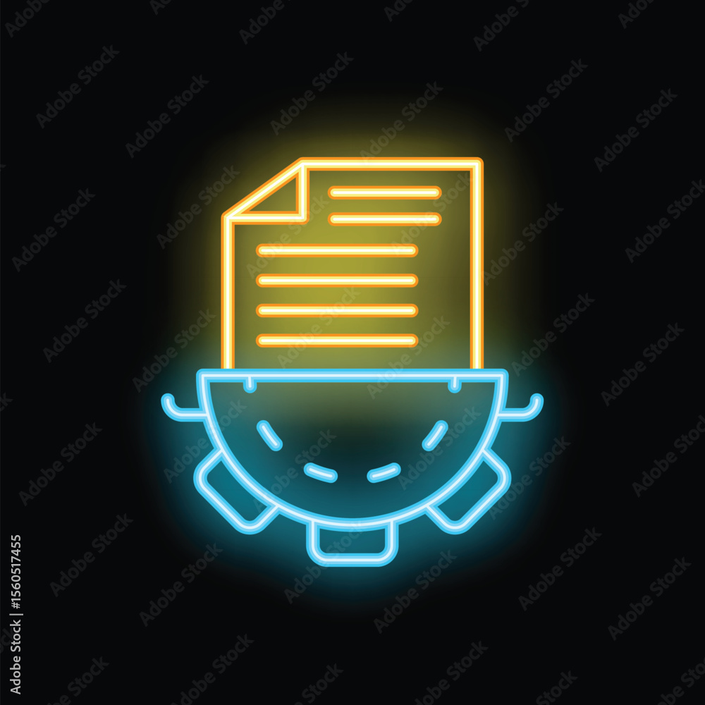 Poster neon glowing icon of a document being processed by an artificial intelligence algorithm