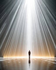A solitary figure stands in a dramatic light beam, symbolizing introspection and enlightenment. This striking imagery evokes feelings of hope, clarity, and personal journey.