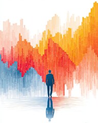A silhouette of a businessman standing before vibrant, abstract financial graphs representing growth and market trends, conveying the essence of data-driven decision-making.