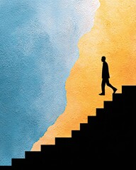 A silhouette of a person walking up a staircase against a vibrant backdrop of blue and orange, symbolizing progress, aspirations, and the journey of self-discovery.
