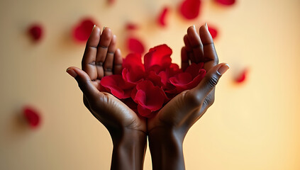 Red rose petals are held aloft in the air by black hands