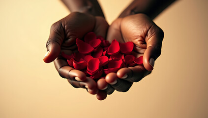 Black hands raised, holding red rose petals mid-air