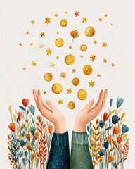 A whimsical illustration of hands reaching out with golden coins and stars floating above them, surrounded by colorful flowers, symbolizing abundance and dreams.