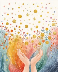 A vibrant illustration depicting two hands reaching upwards, surrounded by colorful waves and golden circles, symbolizing hope, creativity, and the beauty of life.