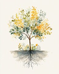 A beautifully illustrated tree with vibrant yellow leaves and intricate roots, representing growth and connection to nature. Perfect for eco-friendly and botanical themes.