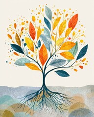 A vibrant and artistic depiction of a tree, showcasing colorful leaves and roots. This illustration symbolizes growth, nature, and the beauty of changing seasons.