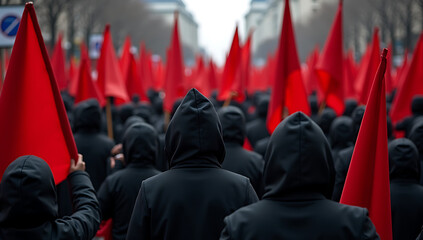 In sharp contrast, masses in black with crimson banners