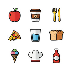 Flat Style Colorful Detailed Food and Drink Icon Set Illustration