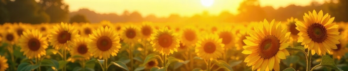 Sunflowers Bask in Golden Summer Heat A Vibrant Field of Yellow Petals Shimmering in the Hazy Sunlight, Idyllic Nature Scene Perfect for Summer Themes