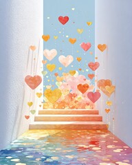 A vibrant digital illustration featuring colorful hearts cascading down a staircase, symbolizing love and joy in a whimsical and artistic manner.
