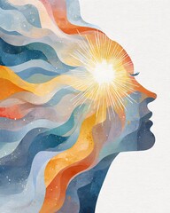 An artistic representation of a woman's profile, featuring vibrant waves of color emanating from her mind, symbolizing creativity, inspiration, and the power of thoughts.