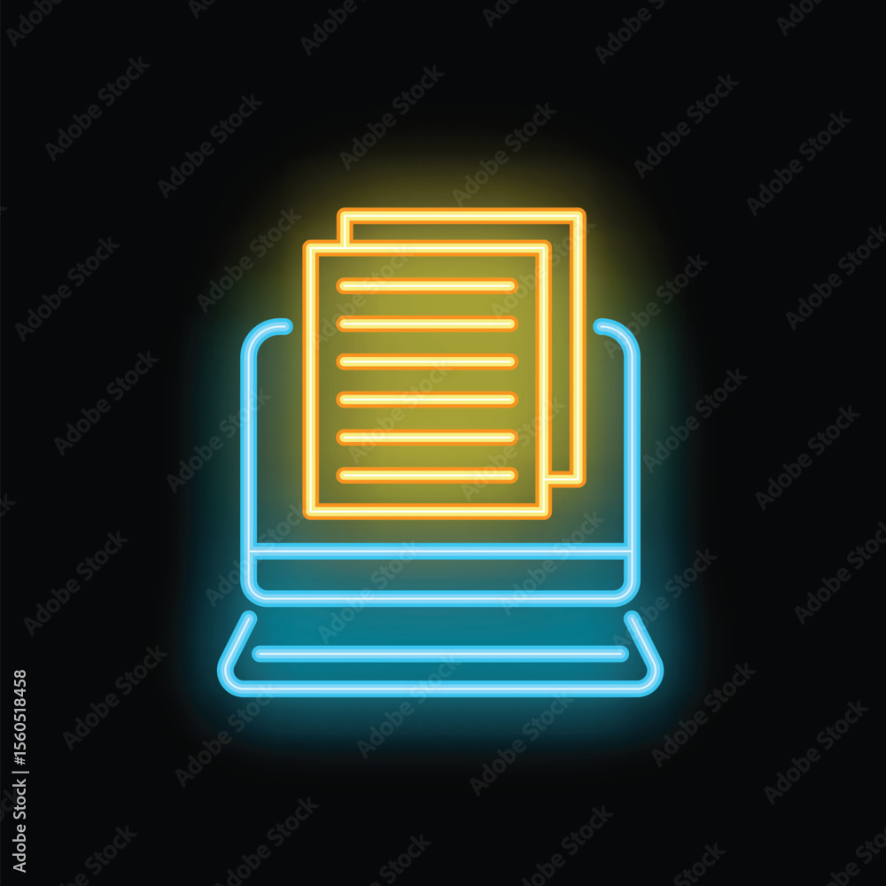 Poster neon icon of documents displaying on the screen of a laptop, representing online document storage an