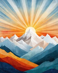 A vibrant mountain landscape at sunrise, featuring dynamic colors and sharp peaks, creating a serene yet energizing scene perfect for nature lovers and outdoor enthusiasts.