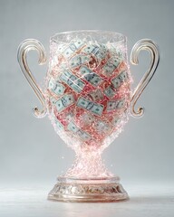 A dazzling trophy filled with floating cash, symbolizing success and financial achievement