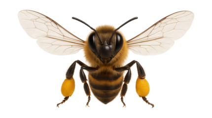 Worker honeybee with translucent wings and fuzzy thorax carrying pollen baskets