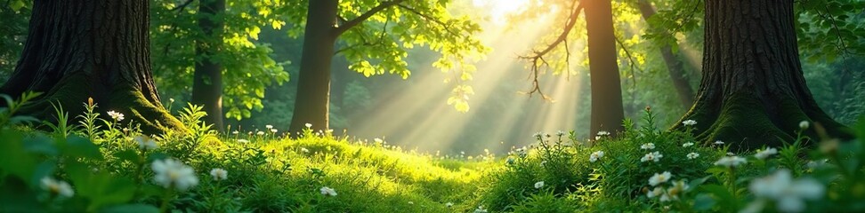 Obraz premium Sun-dappled Forest Path Vibrant Summer Wildflowers, Lush Greenery, and the Scent of Pine