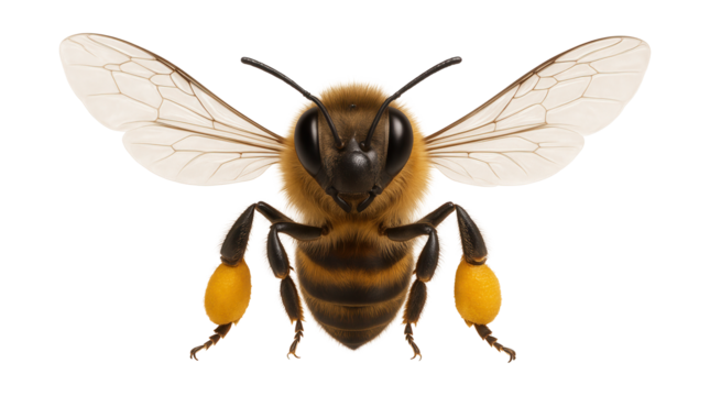 Worker honeybee with translucent wings and fuzzy thorax carrying pollen baskets