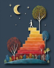 A whimsical paper-cut artwork depicting a figure ascending colorful steps, surrounded by trees and a starry night sky, symbolizing personal growth and adventure.