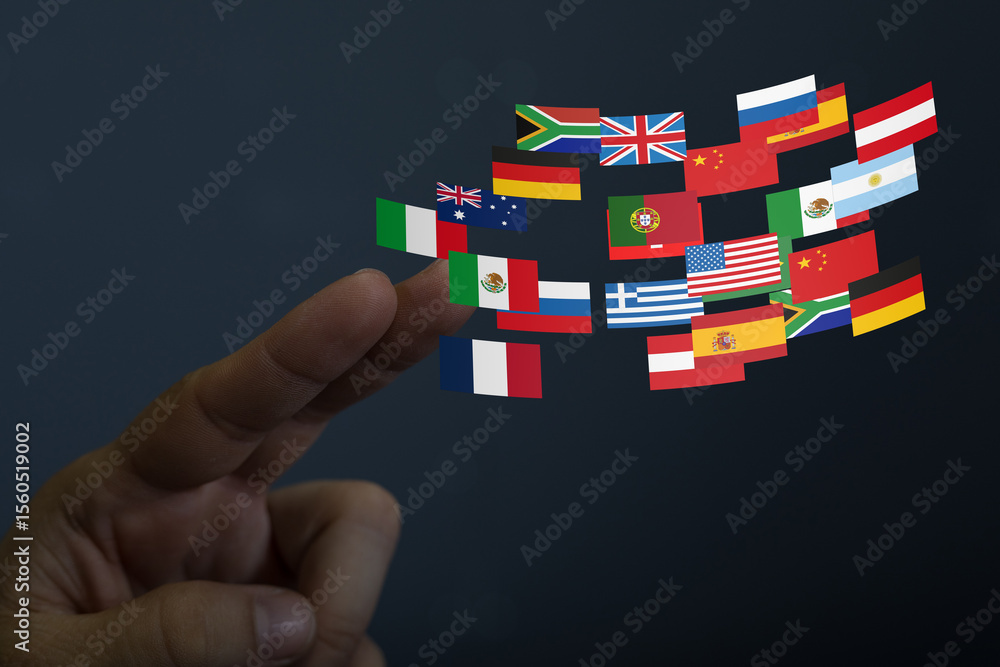Poster a hand interacts with a digital display of world flags, symbolizing global connection and internatio