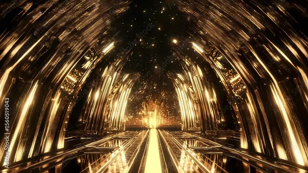 Poster golden digital tunnel with sparkling particles abstract background animation