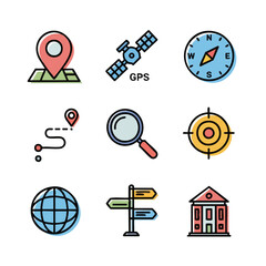 Flat Line Art Location Element Travel Navigation Icons Design Set