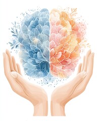 A creative illustration depicting the human brain divided into colorful halves, symbolizing balance and harmony between thoughts and emotions, supported by hands.