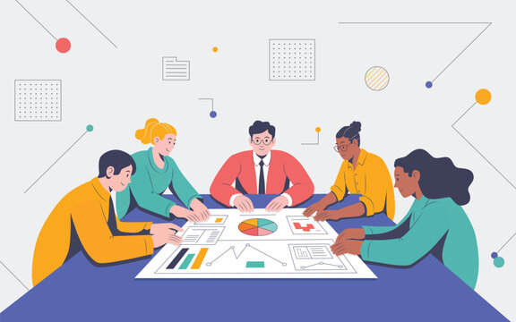 Collaborative team analysing business data - Powered by Adobe