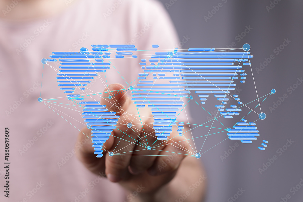 Poster person interacts with a digital world map showing global connections and networking.