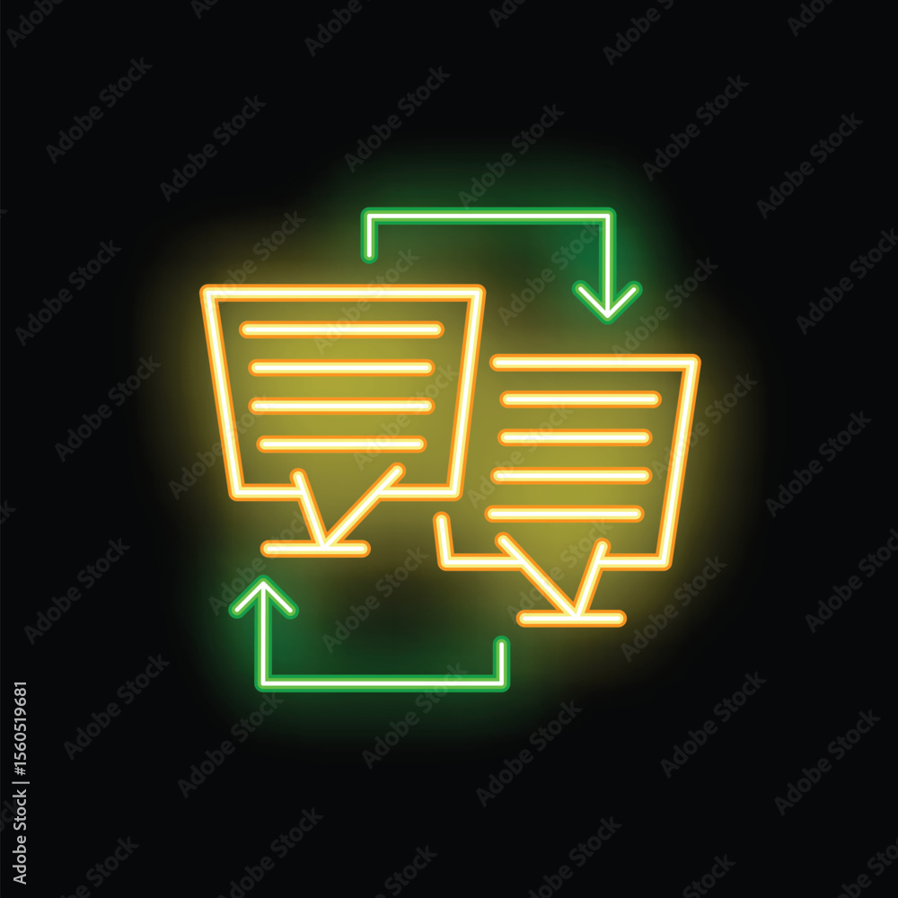 Aufkleber neon glowing icon of file sharing and data transferring process with two digital tablets and green a