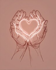 A pair of hands delicately cradles a glowing heart, symbolizing love, care, and emotional connection. This minimalist artwork can inspire warmth and compassion in various contexts.