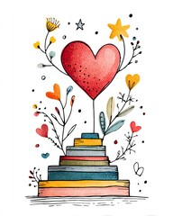 A vibrant illustration featuring a heart surrounded by colorful flowers and star motifs, symbolizing love, joy, and creativity in a whimsical artistic style.