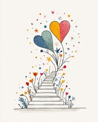 A whimsical illustration of colorful hearts and flowers emerging from a staircase. This vibrant artwork symbolizes growth, love, and the journey towards happiness.