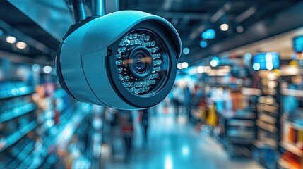 Security surveillance camera monitors the shopping center to ensure safety and prevent shoplifting in retail store with aisles, shelves, and blurred figures of shoppers.
