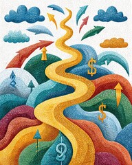 An abstract illustration depicting a winding road leading to financial growth, with colorful hills and symbols of money. Perfect for themes of success and innovation.