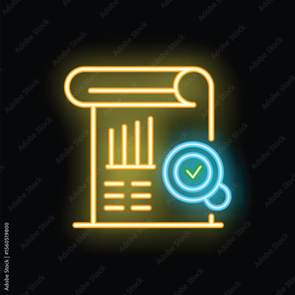 Poster neon icon representing a document validation process, with a magnifying glass showing a check mark