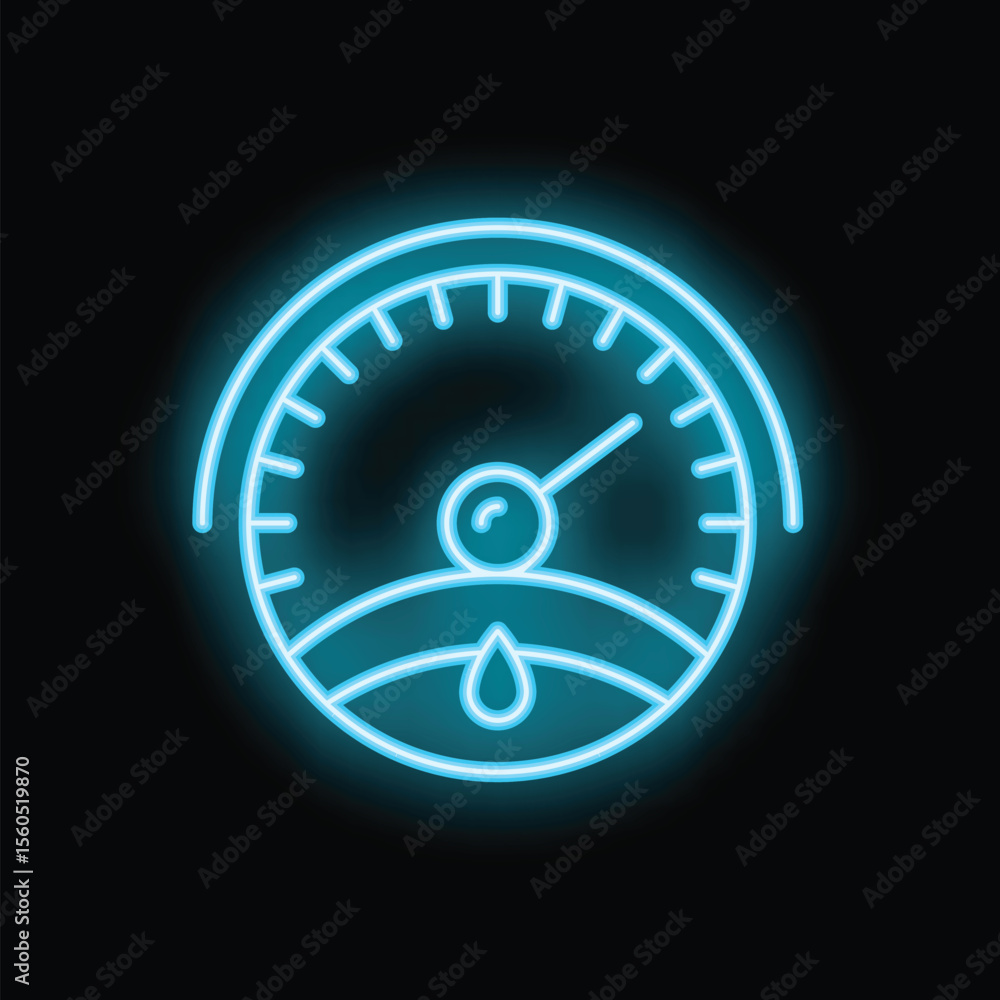 Poster neon blue icon of a speedometer with its needle pointing to empty on a black background
