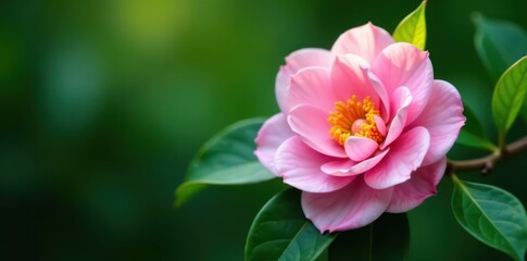 Delicate pink camellia, vibrant green foliage , backdrop, nature