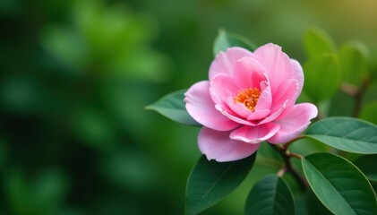 Fototapeta premium Delicate pink camellia, vibrant green foliage, lush arrangement , photography, soft