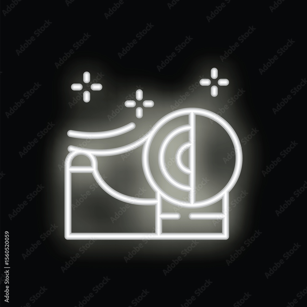 Poster white glowing neon icon of a scotch tape dispenser, adding a touch of luminescence to any dark backg