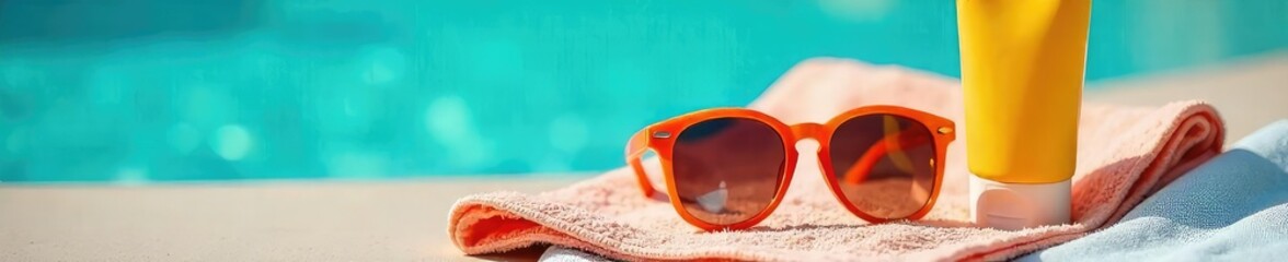 Stylish Sunglasses and Sunscreen Ready for a Relaxing Sun-Drenched Day at the Beach, Perfect for Summer Vacation and Travel Themes