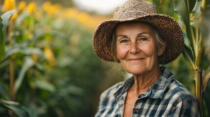 A smiling, experienced woman in a straw hat stands in her cornfield, showing pride in her agriculture and crop, enjoying the peaceful countryside and a successful harvest.