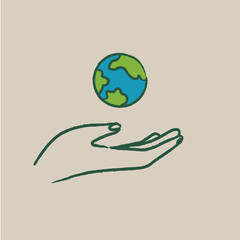 Hand holding Earth — minimal vector icon for ecology and care
