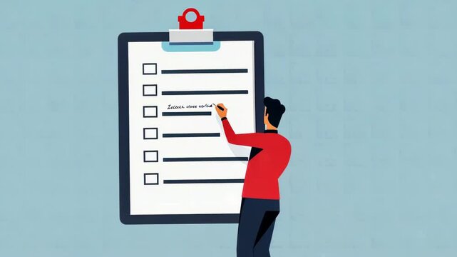 QA engineer checking off task list on clipboard, simple art with copyspace